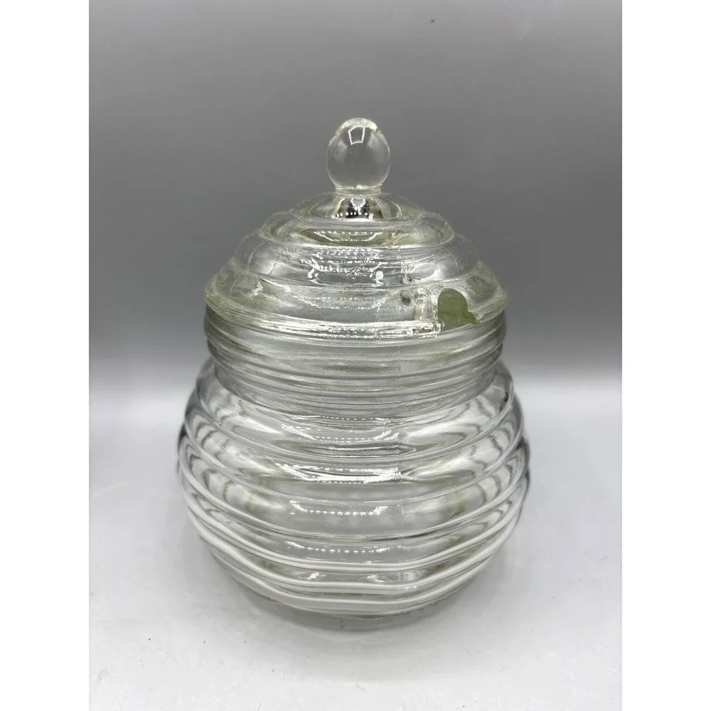 Vtg Clear Glass Beehive Honey Pot Ribbed Jar with Notched Lid Farmhouse Decor